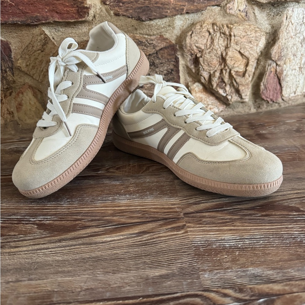 Stylish Women's Beige and White Athletic Sneakers